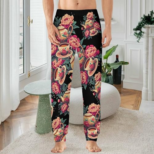 Floral Flowers Tea Cup Teapot Men's Pajamas Pants Lightweight Sleep Lounge Pant Pjs Bottoms Casual Sleepwear2