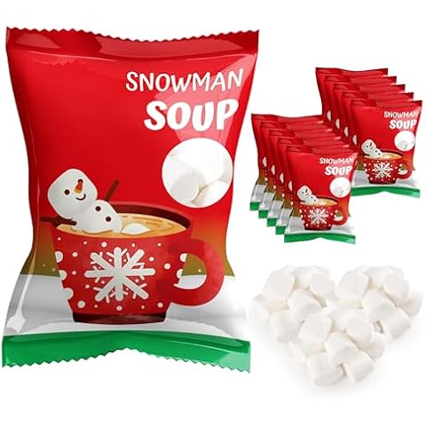 4E's Novelty 50 Packs "Snowman Soup" Mini Marshmallow Packets, Vanilla Flavored, 14 Marshmallows in Each Bag, Bulk Individually Wrapped Christmas Marshmallows For Hot Chocolate Bar Supplies Party Treats Cover