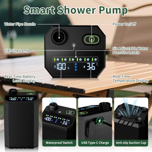 Ducha portátil para camping – Bomba de ducha recargable con 6 niveles de presión de agua con luz LED y pantalla - 4 modos de rociado - Ducha portátil IPX8 para camping, senderismo, RVs, viajes y baño de mascotas miniatura 2