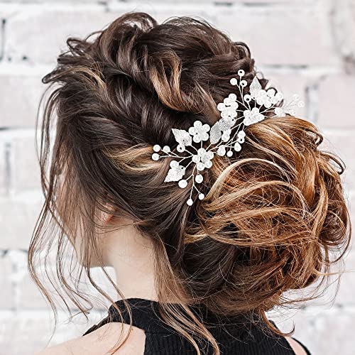 4 Piece Wedding Bridal Flower Hair Clip Metal Leaf Rhinestone Pearl Flower Wedding Hair Accessories for Women Girls (white) - Image 4