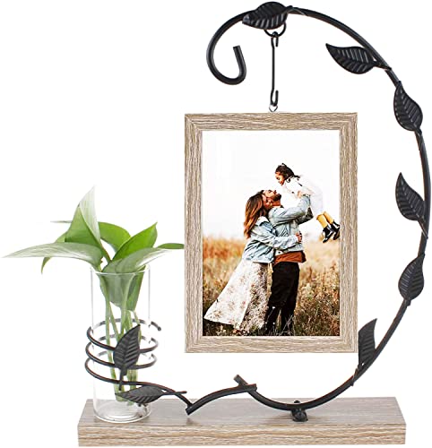 Marco de Fotos de Doble cara de Hierro Arte, con 1 Marco de Fotos de Madera Vintage y 1 Botella de Vidrio Hidropónico, Marco de Fotos Colgante con Base de Madera para Dormitorio, Sala de Estar