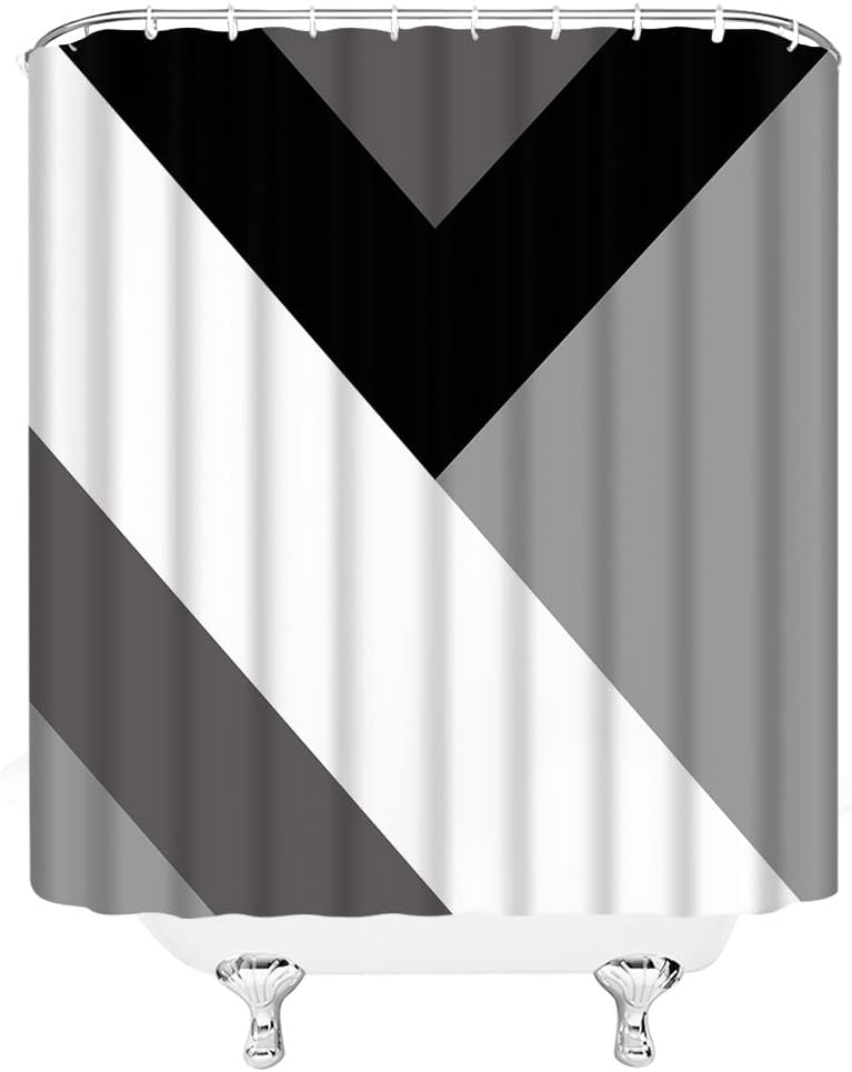 Abstract Geometric Shower Curtain Black White Gray Modern Geometry Triangle Pattern Contemporary Mid Century Art Striped Shapes Fabric Home Bathroom Decor Set with Hooks（74.8" Wx70 H）