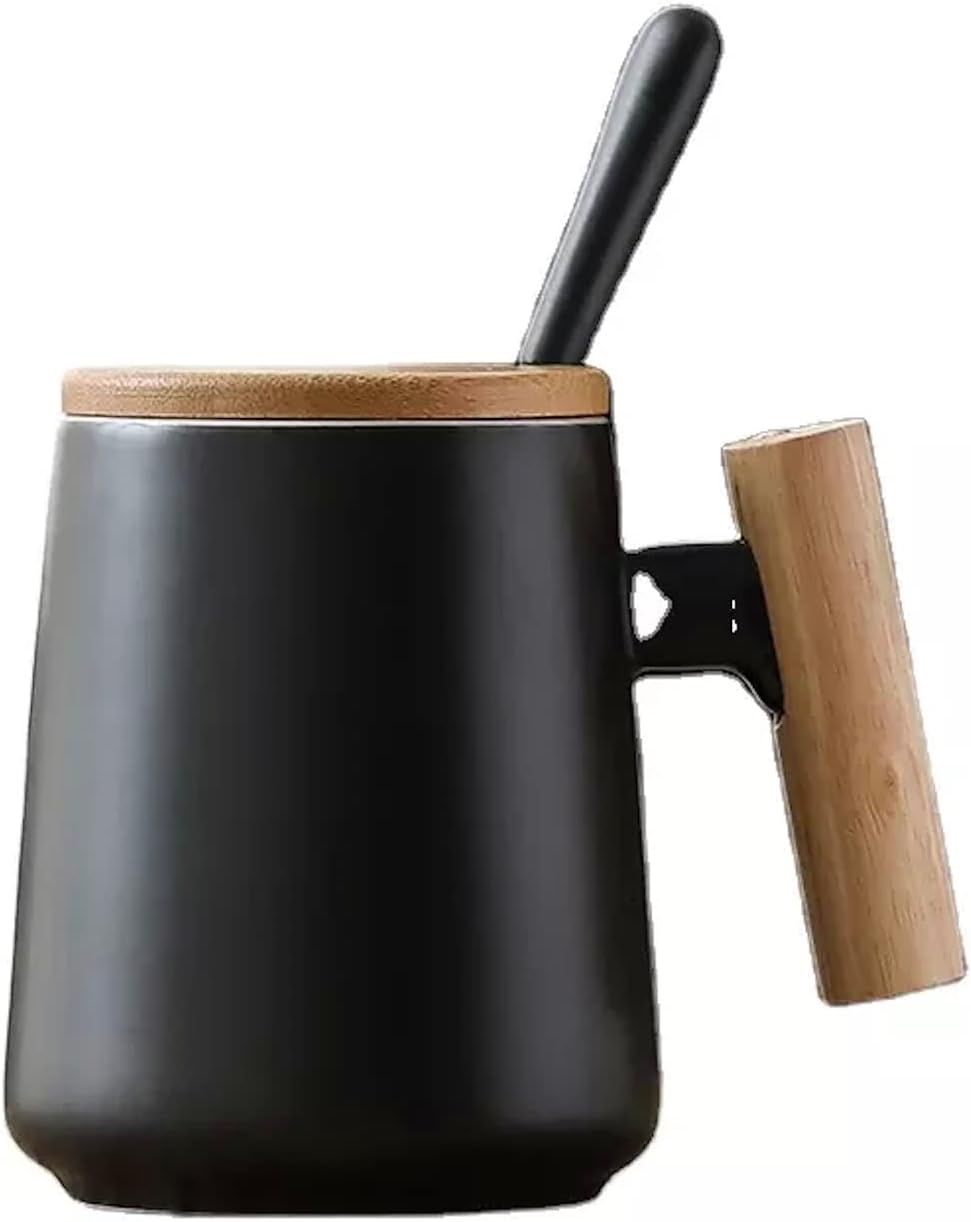 Ceramic Mug with Wooden Handle by ABNH (Black) Home & Kitchen