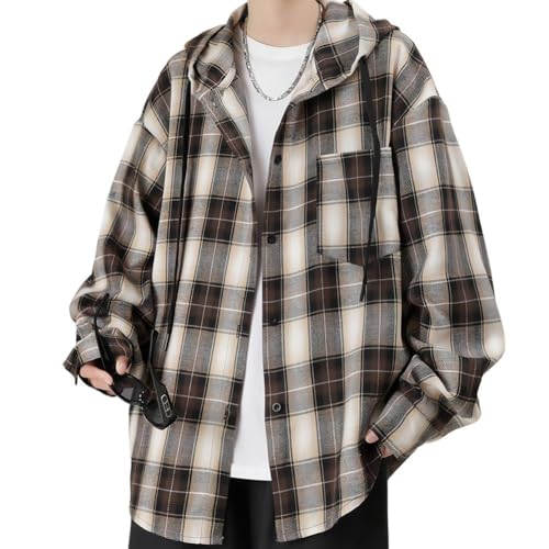 [FJLTDCP] パーカー メンズフード付き 秋服 おしゃれ 大きいサイズカーディガン メンズフード付きレイヤードカットソートップス 長袖ズチェックのフー yellow-3XLの商品画像（Amazon）