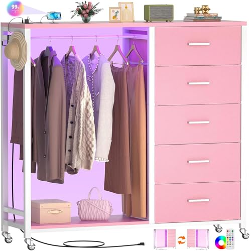 iSunirm 2 in 1 Chest of Drawers Dresser for Bedroom 5 Fabric Drawers Dresser with LED Lights & Charging Station Open Wardrobe with Clothes Rack Pink