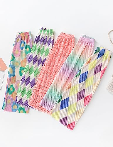 Image of Kiench Girls Wide Leg Palazzo Pants Pleated Silky Flowy Trousers Cute Print