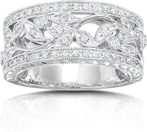 Vintage 1.2 Ct Round Cut White Signity Diamond Half Eternity Fashion Floral Milgrain Design Wedding Band Ring for Women, 925 Sterling Silver 14K White Gold Finish4