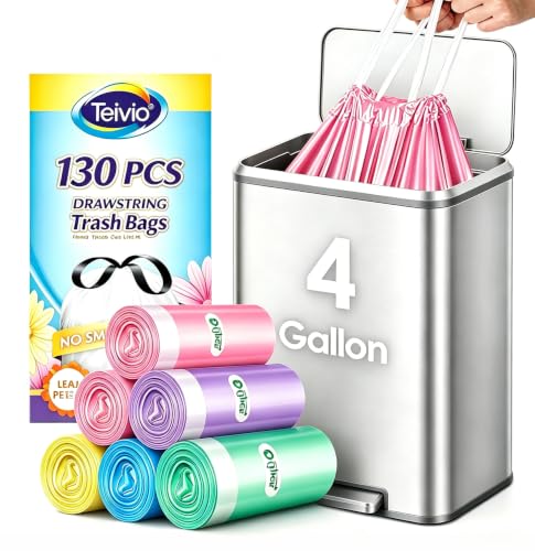 Image of 4 Gallon 130 Counts Strong Drawstring Trash Bags Garbage Bags by Teivio, Bathroom Trash Can Bin Liners, Small Plastic Bags for home office kitchen, Multicolor