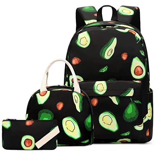 Dezcrab Mochila Infantil com Estampa de Abacate para Meninas E Adolescentes, Conjunto de Mochila Escolar com Lancheira E Estojo.