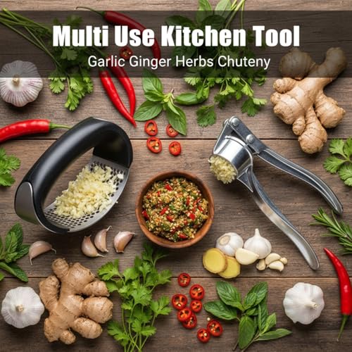 Image of Garlic Press & Ginger Crusher Combo, Stainless Steel Garlic Mincer & Ginger Masher, Heavy Duty Manual Squeezer, No Peeling Required, Easy Press Kitchen Tool - (Garlic Curved + Silver)