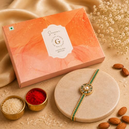 Image of THE GIFT STUDIO.COM |Floral Elegance Rakhi Gift Set for Brother | Mother of Pearl Flower Rakhi & Premium Chocolate Box | Rakhi Gift Hamper