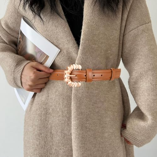 Women’s Leather Belt Solid Color Gold Pin Buckle With Shell Texture Fashion Ladies Waist Belt For Dress Jeans Pants2
