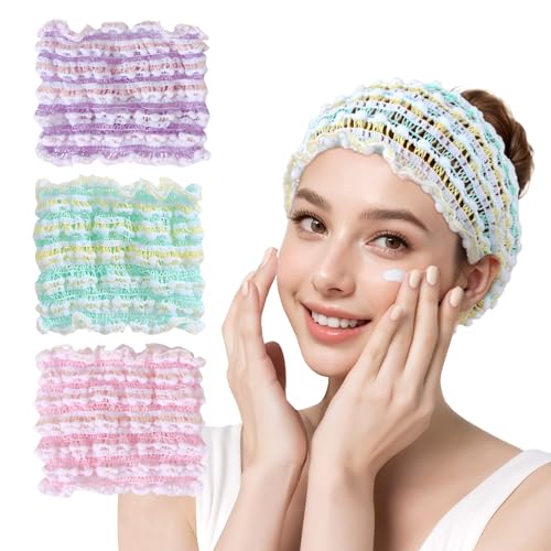 Kinretixia 3 piezas diadema cosmética, banda elástica para lavar con diseño de malla transpirable, amigable con la piel y ligera, ideal para cuidado facial y maquillaje