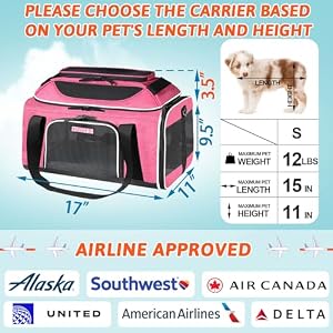 Top-Expandable Pet Carrier 17x11x9.5 Inches Alaska Airline Approved, Soft-Sided Carrier for Small Cats and Dogs with Locking Safety Zippers and Anti-Scratch Mesh(Pink) Top-Expandable Pet Carrier 17x11x9.5 Inches Alaska Airline Approved, Soft-Sided Carrier for Small Cats and Dogs with Locking Safety Zippers and Anti-Scratch Mesh(Pink)
