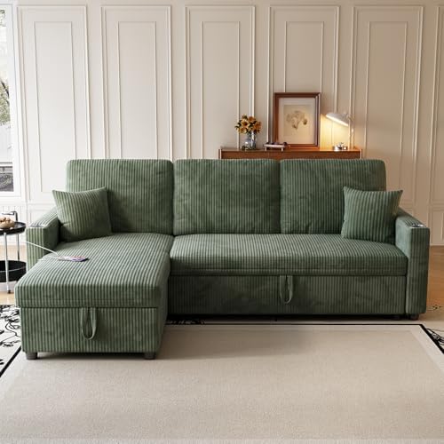 Sleeper Sectional Sofa, 83" Convertible Sofa Bed with Pull Out Couches, Small Desktop, L Shaped Couch with Reversible Chaise, Cup Holders, USB, Modern Corduroy Sofas for Living Room Apartment, Green - Thumbnail 4