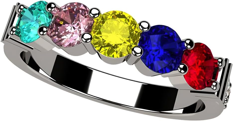 Central Diamond Center Shared Prong w/Sides Mothers Birthstone Ring w/ 1-6 Simulated Gemstones in Sterling Silver, 10K, or 14K Gold