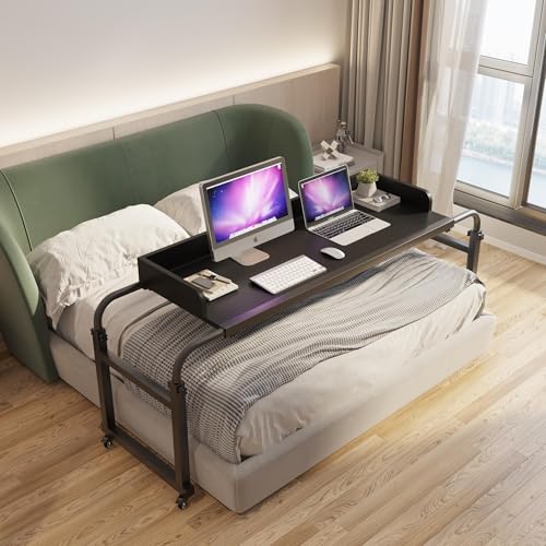 XICEN Queen & King Bed Table with Wheels Adjustable Overbed Desk Multifunctional Laptop Table Black