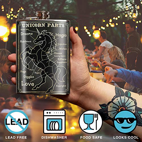 Unicorn 8 Oz Stainless Steel Hip Flask For Liquor - Comes In A Gift Box - Leakproof Design - Easy To Clean - 3.75” X 5.75” - By Trixie & Milo #TOP1
