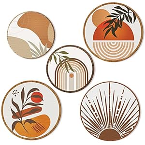 Qunclay 5 Pcs Wall Art Decor Wooden Living Room Wall Decor Bohemian Hanging Farmhouse Geometric 10” and 8” Aesthetic Wood Minimalist Posters for Bedroom(Boho)