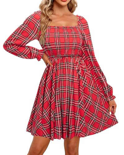 Image of Holipick Women's Casual Square Neck Smocked Dress Shirred Ruffle Puff Sleeve High Waist Cute Flowy A-Line Short Dress