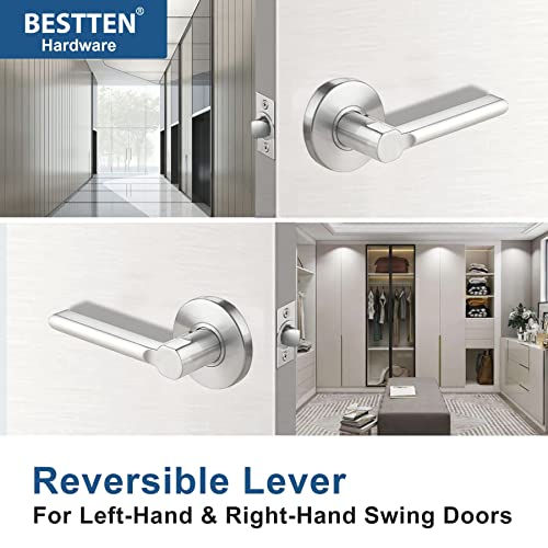 Bestten [10 Pack Vienna Series Heavy Duty Passage Door Levers Set With Removable Latch Plate, All Metal Hallway Closet Interior Door Handle, Satin Nickel #TOP5