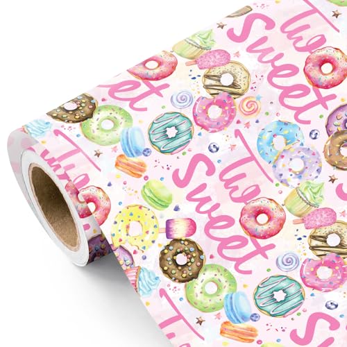 WRAPAHOLIC Two Sweet 2nd Birthday Wrapping Paper Roll - Mini Roll - 17 Inch × 16.5 Feet - Pink Candy and Donut Wrapping Paper Kids Girls Birthday, Baby Shower