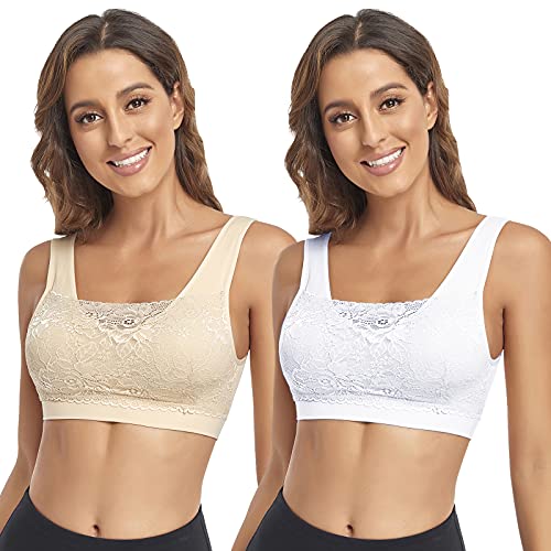 Image of Litthing Lace Bralettes for Women Padded Sports Bra Seamless Plus Size Tank Tops Wirefree Comfort Yoga Cami T Shirt Bras