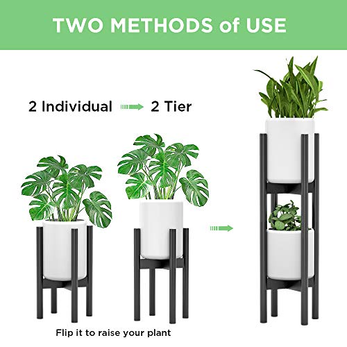 2 Pack Indoor Plant Stands, 2 Tier Tall Plant Stand 30 inches, Mid Century Bamboo Plant Stand, Adjustable Width 8 - 12 inches, Fits Pot Size of 8 9 10 11 12 inches Pot & Plant Not Included, Black
