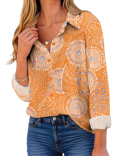 Zeagoo Women Button Down Shirts Long Sleeve Blouses for Women Dressy Boho Print Dressy Casual Tops Orange Printed S2