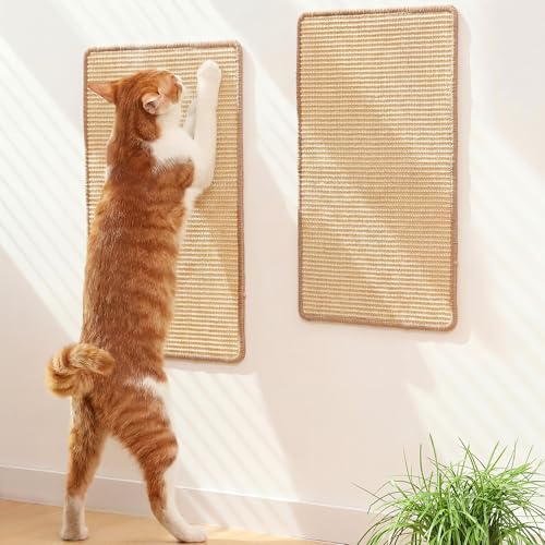 FUKUMARU 2 Packs Cat Scratching Mat, 19.6 x 11.8 Inch Natural Sisal Cat Scratch Pad Mats for Indoor Cats, Horizontal Cats Wall Scratcher Kitten Floor Rug with Sticky Tape, Furniture Protecto