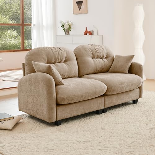 Image of KEIKI 74 inch Oversized Chenille Modular Sectional Loveseat Sofa with High-Density Foam Cushions and Tufted Pleated Cushion Backrest, Upholstered 2-Seater Cloud Couch with 2 Pillow, for Living Room, Camel