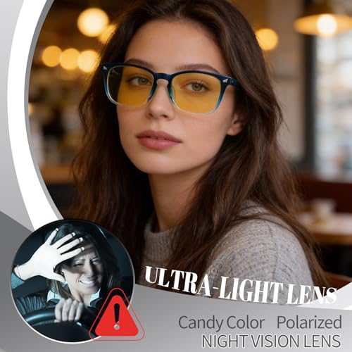 Image of Polarized Sunglasses for Women Men Night Vision Glasses Anti Glare | Yellow Anti Glare UV400 Lens, Lightweight Square Frame, for Day Night Use, Driving, Fishing, Cycling, Traveling