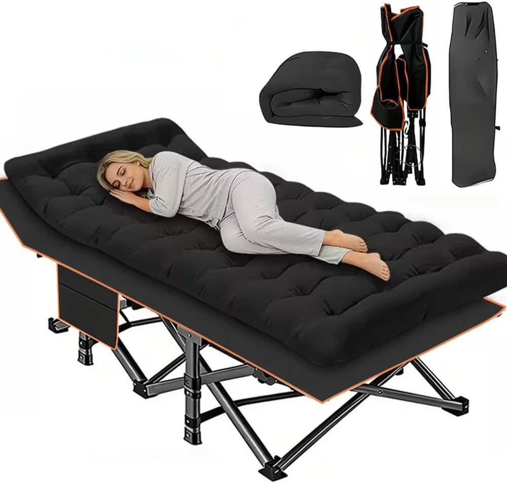 60/75-inch Options Available; Mattress Optional; Folding Camping Bed, Portable Folding Guest Bed, Weight Capacity 566/766 Lbs, Adult Outdoor Travel (Black Regular - 566 lbs)