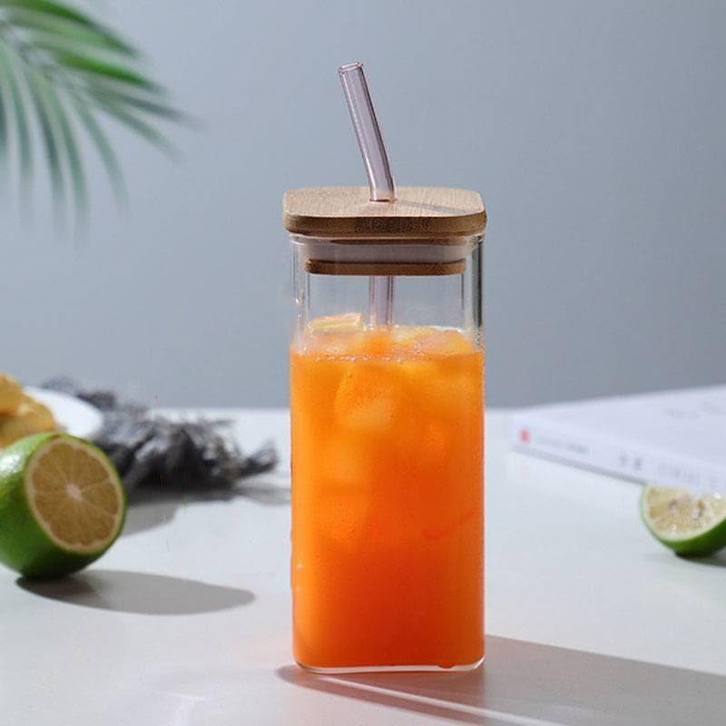SHREE KASHTBHANJAN INTERNATIONAL Square Glass Mason jar Mug Wooden Lid & Glass Straw Used for hot & Cold Drinks(410 ml) (Set of 2) 4