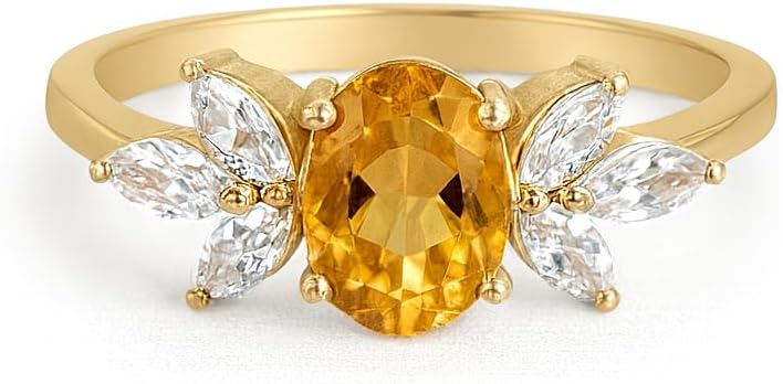 Oval Cut Citrine Engagement Ring for Women 14k Yellow Gold Marquise Diamond Accent Ring Dainty Vintage Wedding Promise Jewelry Gift