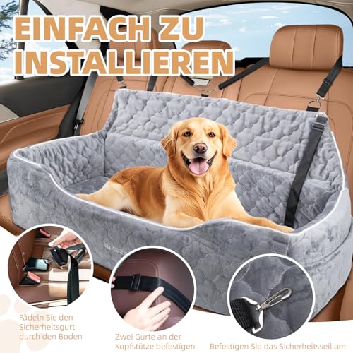 autozen Hunde Autositz für mittlerer große Hunde, Abnehmbarer Hundesitz Auto bis zu 54kg mit 2 Sicherheitsleinen, Waschbarer Hundebett Auto für den Rücksitz, Grau