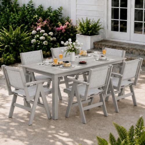 Image of 7-Piece Patio Dining Table Set, 69 inch Rectangle HDPE Outdoor Table & 6 Textilene Chairs Set with 2 inch Umbrella Hole, Wood-Look Finish, All-Weather Dining Set for Backyard, Poolside, Light Gray