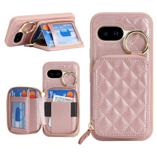 Étui portefeuille Pixel 9a anti-chute avec fermeture éclair sécurisée or rose