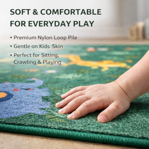 Image of Matz&More Kids Play Area Rug | 100x150 cm | Green Jungle Animal Design| Soft Nylon Loop Pile Carpet with Anti-Slip Backing | Children's Play, Bed & Classroom Floorings