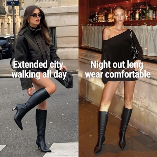 Image of Vepose Women's Knee High Tall Faux Leather Boots, Pointed Toe Kitten Heeled Dress Ladies Fashion Riding 9525 Boots with Side Zipper, Elegantes Casual Comfort Botas Trendy Para Mujer