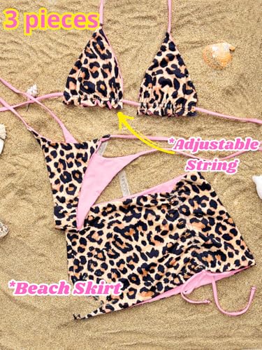 Image of ShawGobow Womens 3 Piece Leopard Bikini Set,Triangle String High Cut Thong Sexy Swimsuit & Coverup Skirt,Pool Party Outfit