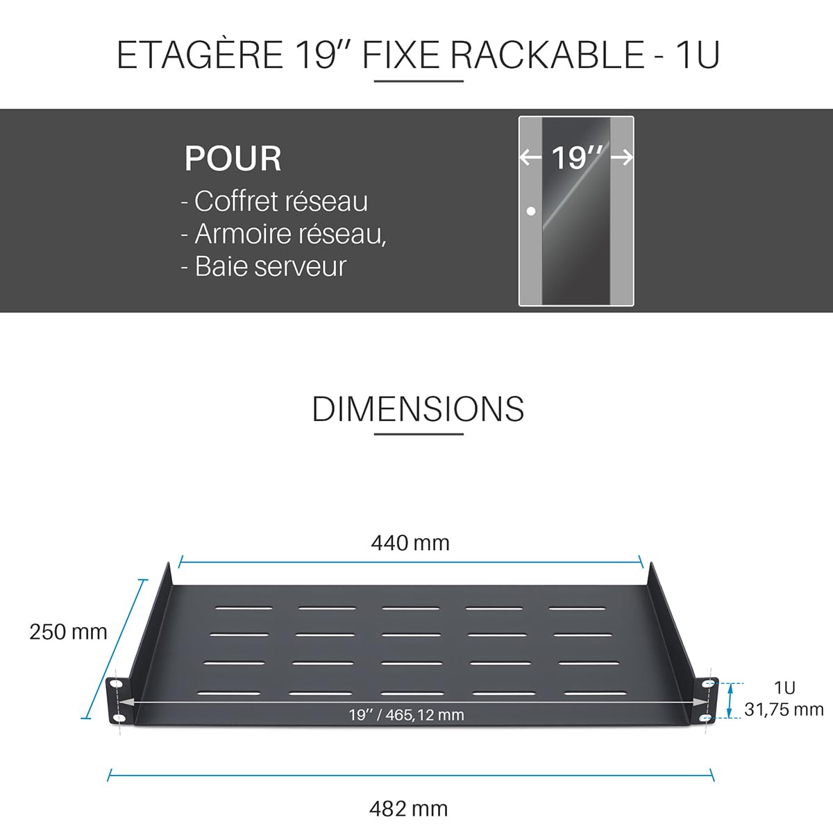 WAYTEX Scaffale a baia 19" 1U 250 mm nero fissaggio anteriore