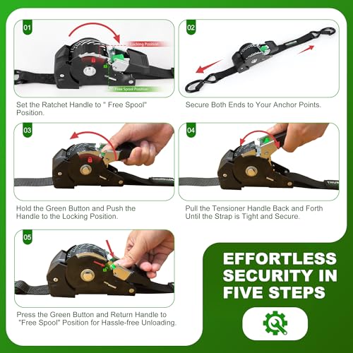 Image of Retractable Ratchet Straps (4-Pack) - 1 Inch x 10 Feet (1,650lb Break Strength) - Auto Self Retracting Tie Down Straps for Truck, Cargo Trailer, Motorcycle, ATV, UTV - Black