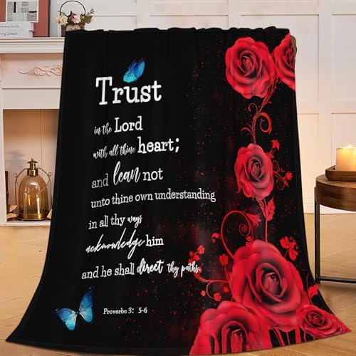 Christian Bible Verse Blanket Red Rose Inspirational Scripture Throw Blanket Religious Spiritual Gifts for Girls Boys Kids Adults Women Men Soft Cozy Plush Fuzzy Fleece Blanket Decor 40''X50''