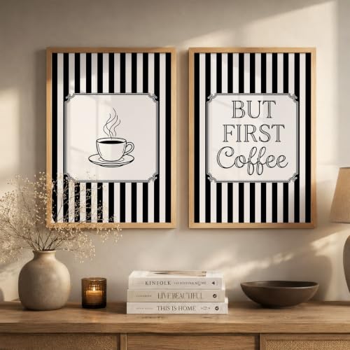 Image of Suneree But First Coffee Wall Art Set of 2 Framed Paintings | Black White Striped Coffee Poster Kitchen Cafe Decor | Home Office Wall Decor (Art 9, 10x13 Inches)