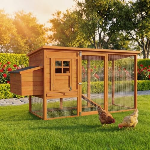 Miweba MyAnimal Hühnerstall für 4 Hühner | 174x76x103 cm Winterfest - Vogelhaus - Hühnergehege mit Nistkasten - Voliere - Hühnerhaus - Freilaufgehege Huhn - Legenest - Vogelvoliere (Braun)