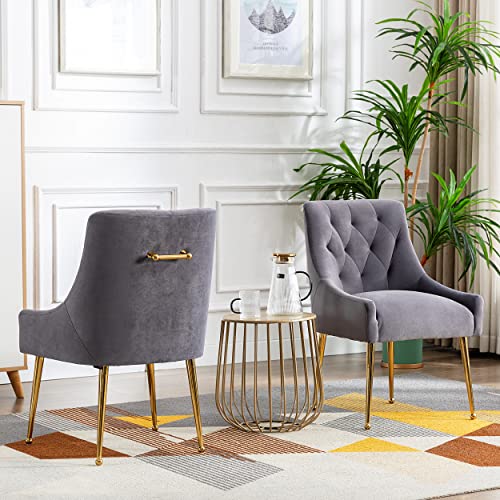 Kinwell Upholstered Dining Chairs Set Of 2, Modern Accent Side Chair With Tufted Back And Pull Handle, Velvet Armchair Desk Chair With Gold Metal Legs For Living Room, Home Office,Vanity (Gray) #TOP4
