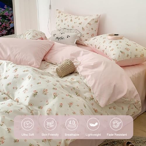 Image of Floral Duvet Cover Set King Size,Pink Floral Flowers Bedding Duvet Cover King with Zipper Closure,Reversible Comforter Duvet Cover and 2 Pillowcases