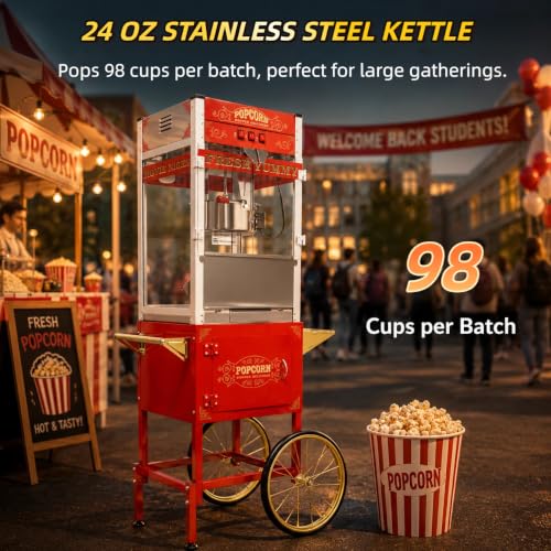 Image of 24oz Commercial Popcorn Machine Cart, Stainless Steel, Large Size