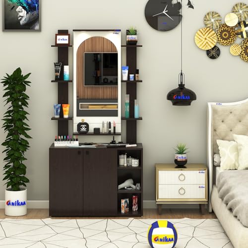 Image of Anikaa Venza Engineered Wood Dressing Table with Wall Mounted Mirror & LED Lights Open Shelf | Makeup Vanity Storage Cabinet with Soft Closed Hinge Door for Bedroom -(Wenge /White) DIY Installation